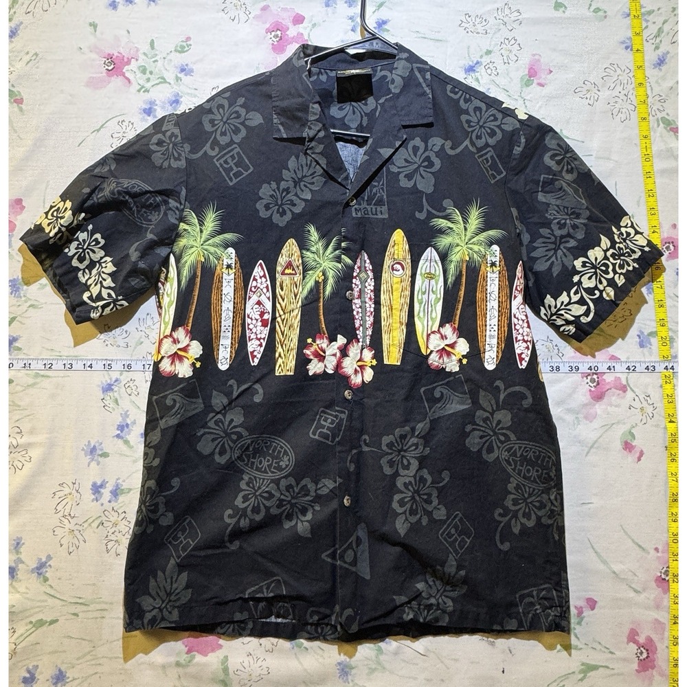 Royal Creations Mens L Hawaiian Black Shirt With Surfboards 100% Cotton